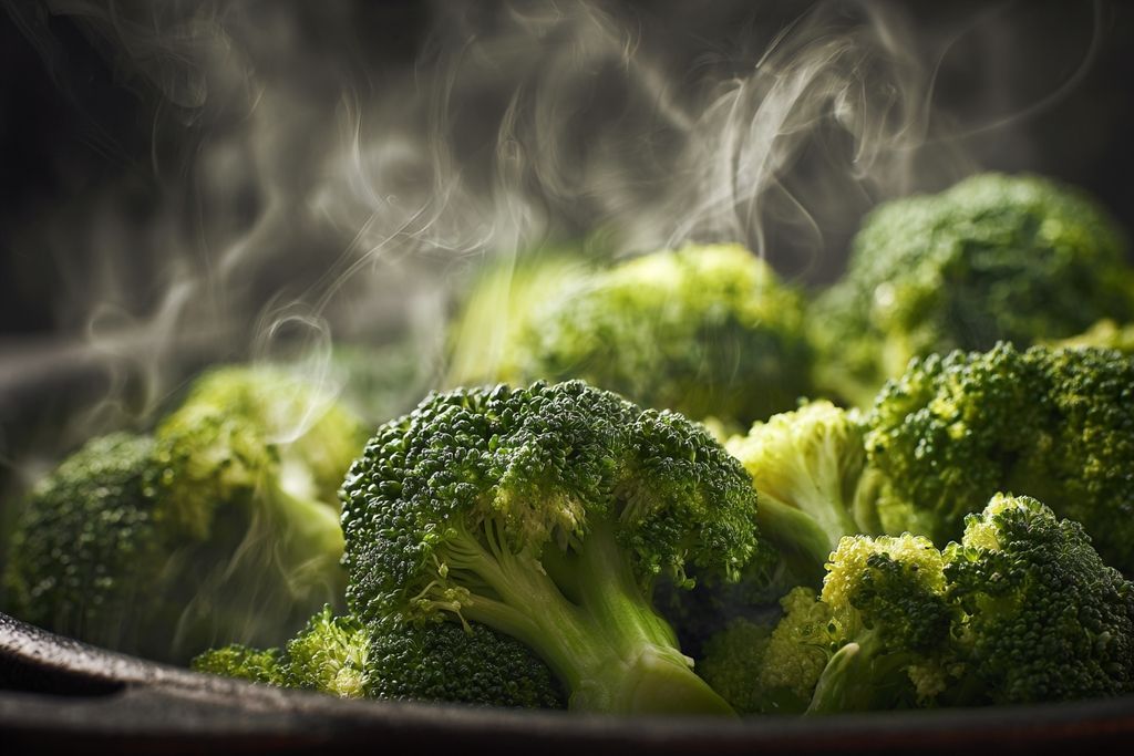 Image de fleurettes de brocoli vibrant cuit à la vapeur dans une casserole