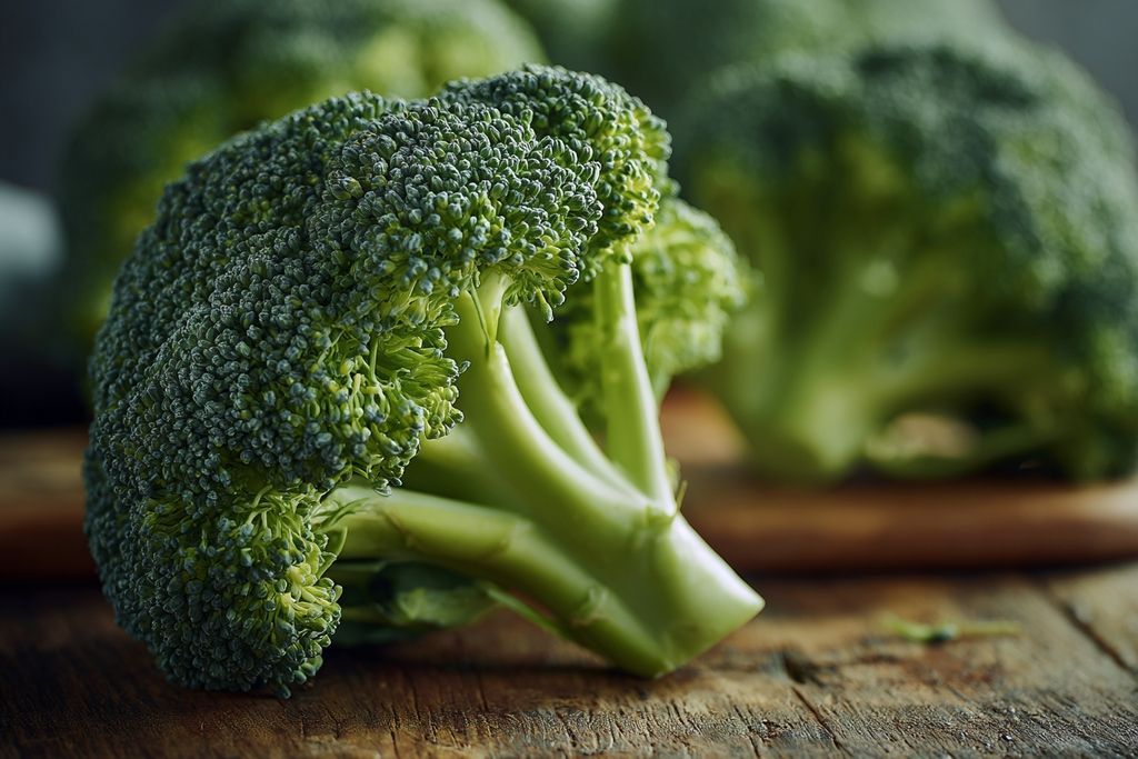 Brocoli avec bords brunis et tiges molles sur fond de cuisine
