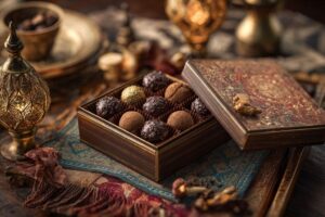 Boîte de truffes au chocolat emballée avec élégance parmi des décors raffinés.