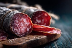 Vue rapprochée des charcuteries artisanales avec une teinte grise, illustrant la qualité et l'authenticité.