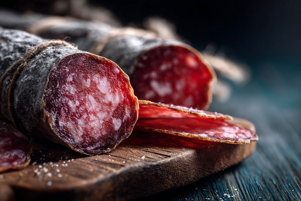Vue rapprochée des charcuteries artisanales avec une teinte grise, illustrant la qualité et l'authenticité.