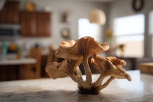 Image de champignons trompettes éclairés par une lumière naturelle, montrant leurs nuances de terre et leur caractère organique sur un comptoir de cuisine.
