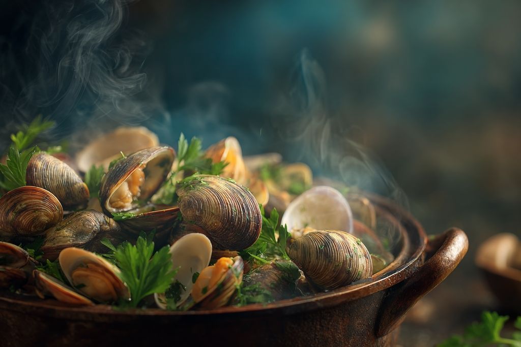 Image d'un chaudron fumant de palourdes aux coquilles chatoyantes sur fond de persil frais.
