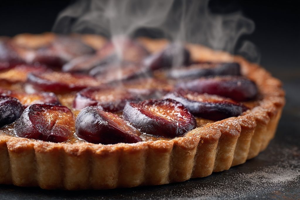Pâtisserie chaude remplie de prunes avec vapeur douce
