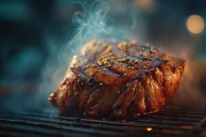Merlan de bœuf mariné au soja et miel sur grill chaud avec fumée