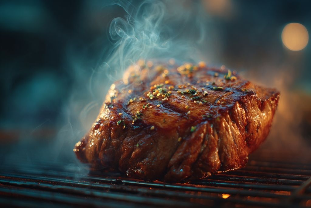 Merlan de bœuf mariné au soja et miel sur grill chaud avec fumée
