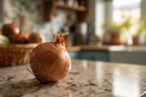 Oignon germé sur le comptoir prêt à être utilisé ou jeté