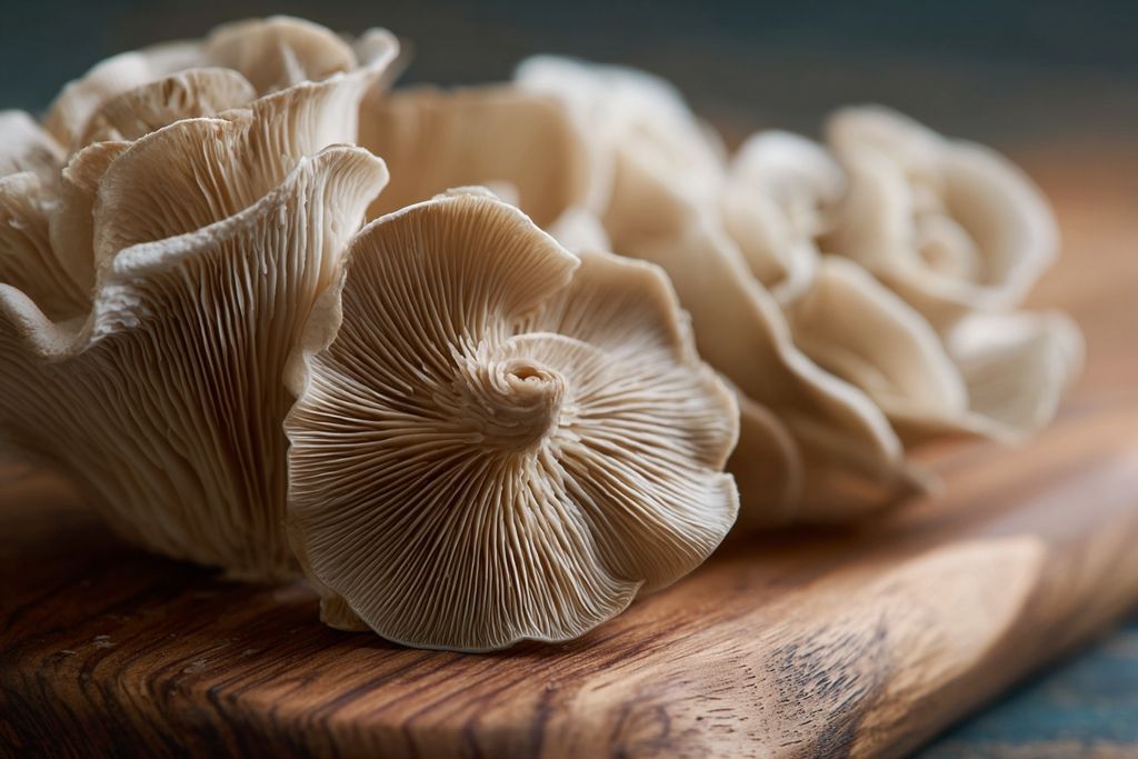 Champignons trompette de la mort propres sur planche en bois