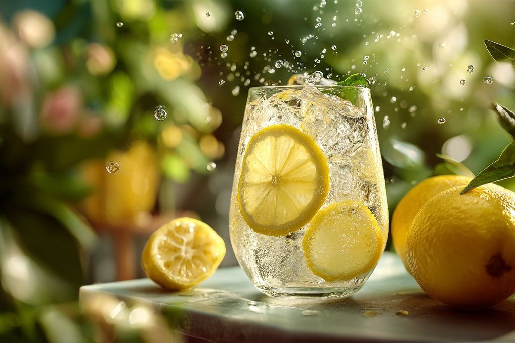 Bulles qui montent dans la limonade, révélant la fraîcheur et la texture du verre.