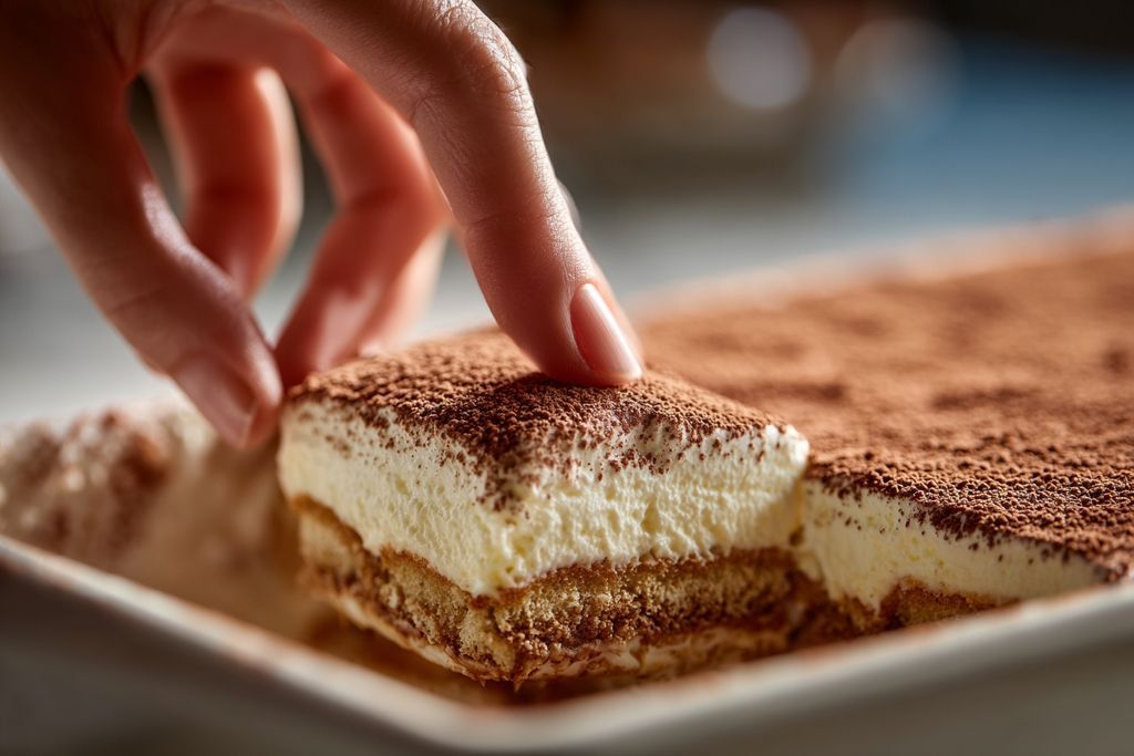 La main enlève le tiramisu frais du congélateur avec soin, montrant sa perfection et la givre dessus.
